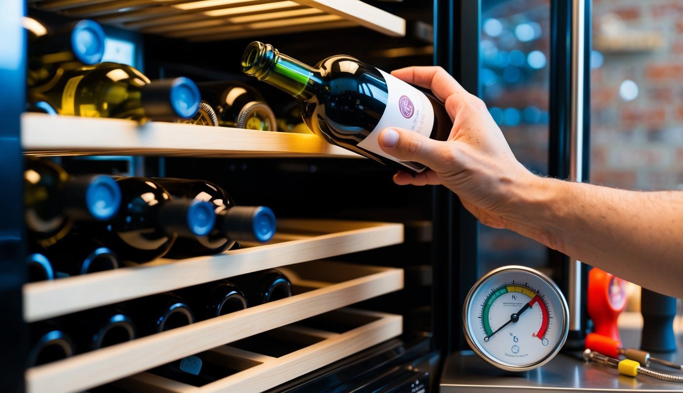 A hand reaching for a wine bottle in a well-stocked wine fridge, with a temperature gauge and maintenance tools nearby