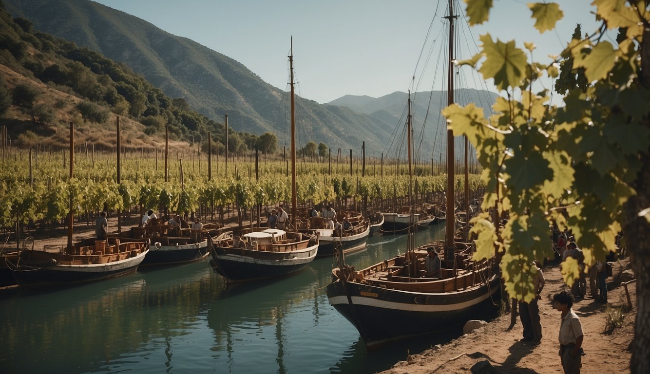 A bustling market in the New World, with European merchants exchanging goods with indigenous people. Vineyards and grapevines dot the landscape, showcasing the impact of European colonization on viticulture