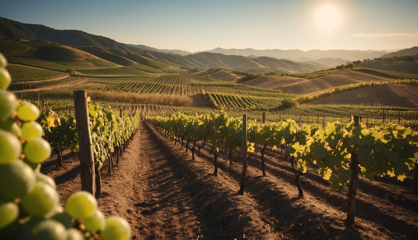 Vineyards stretching across the Americas, with European ships arriving and settlers planting new grape vines, transforming the landscape