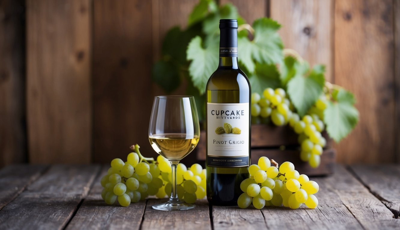 A bottle of Cupcake Vineyards Pinot Grigio surrounded by fresh grapes and a wine glass on a rustic wooden table