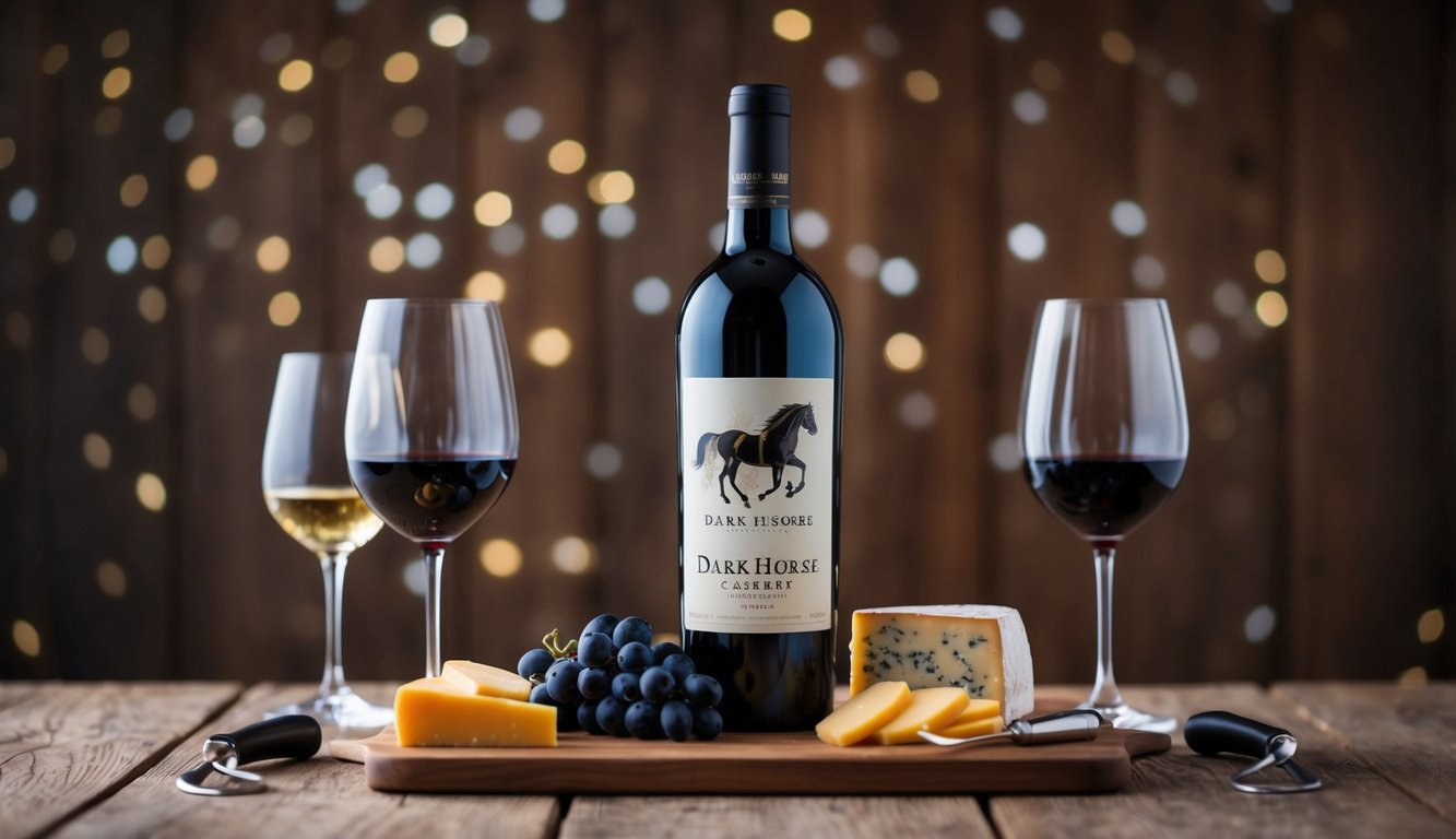 A bottle of Dark Horse Cabernet Sauvignon surrounded by wine glasses and a rustic cheese platter on a wooden table