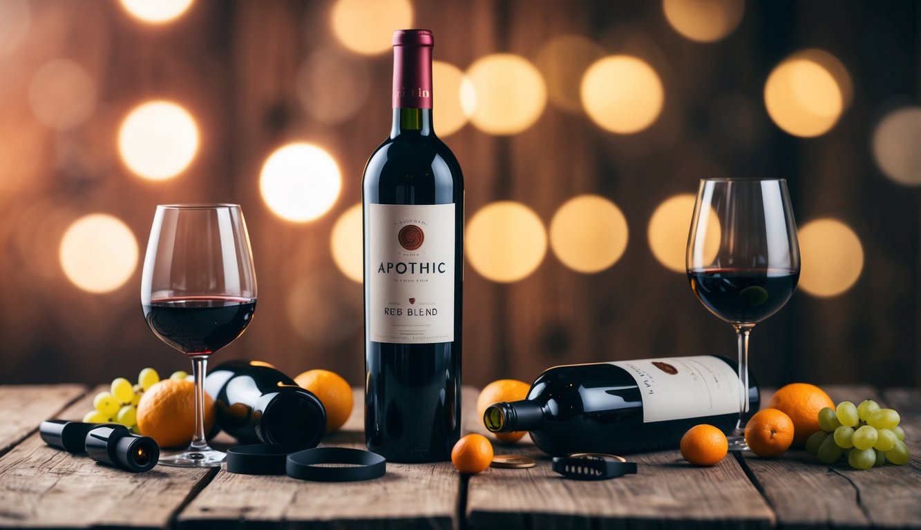 A bottle of Apothic Red Blend wine surrounded by various beginner-friendly wine accessories on a rustic wooden table