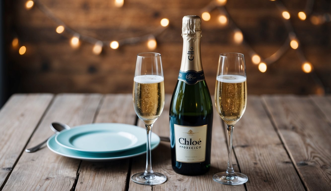 A table set with two glasses of Chloe Prosecco and a bottle on a rustic wooden surface