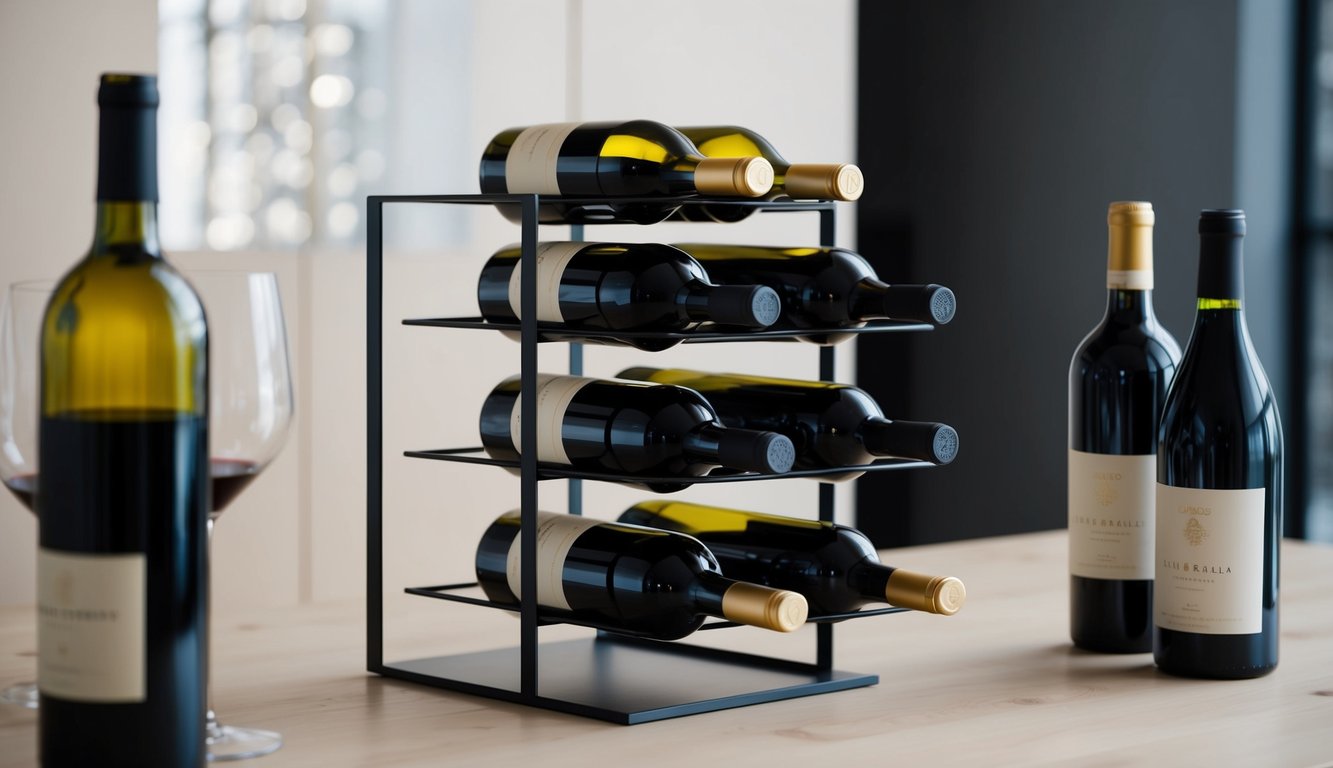 A modern, minimalist wine rack with clean lines and geometric shapes, showcasing sleek metal or wood materials and holding multiple bottles of wine