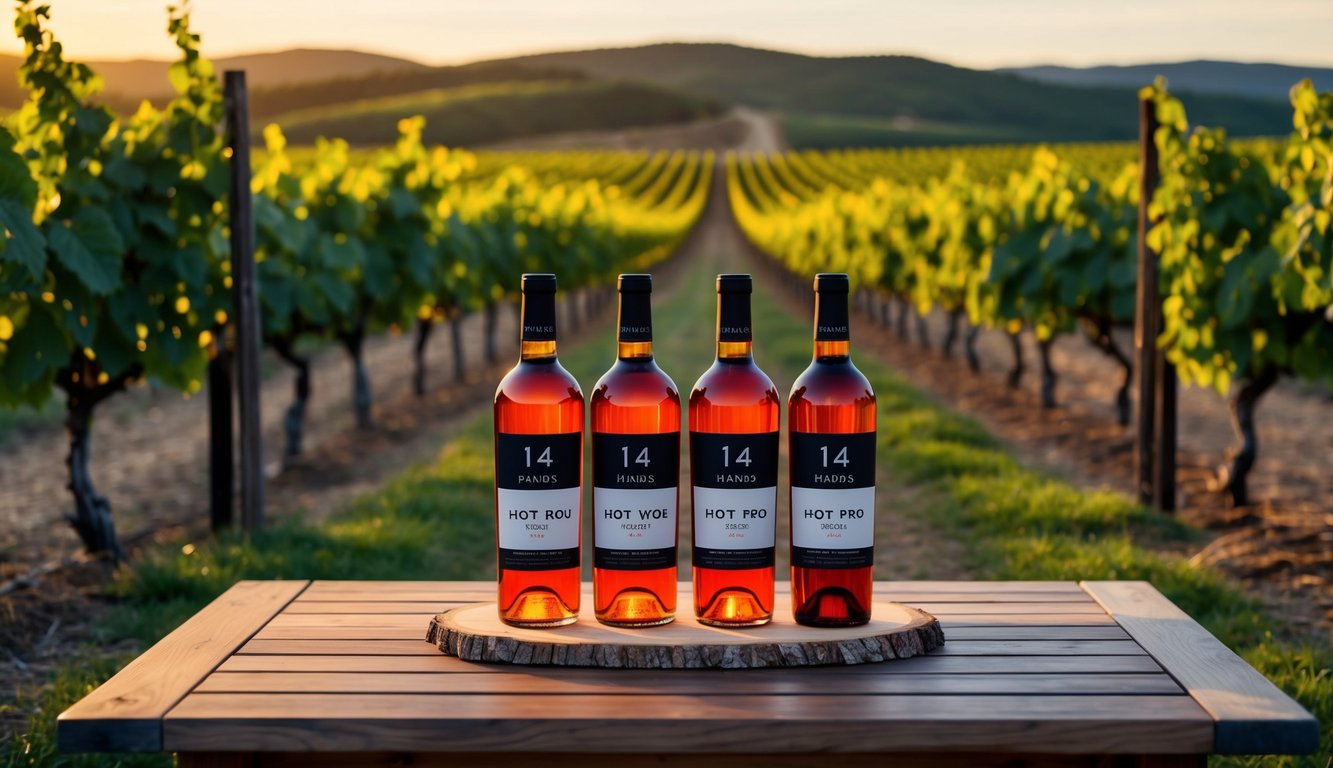 A rustic vineyard with rolling hills, grapevines, and a warm sunset, with bottles of 14 Hands Hot To Trot Red Blend displayed on a wooden table