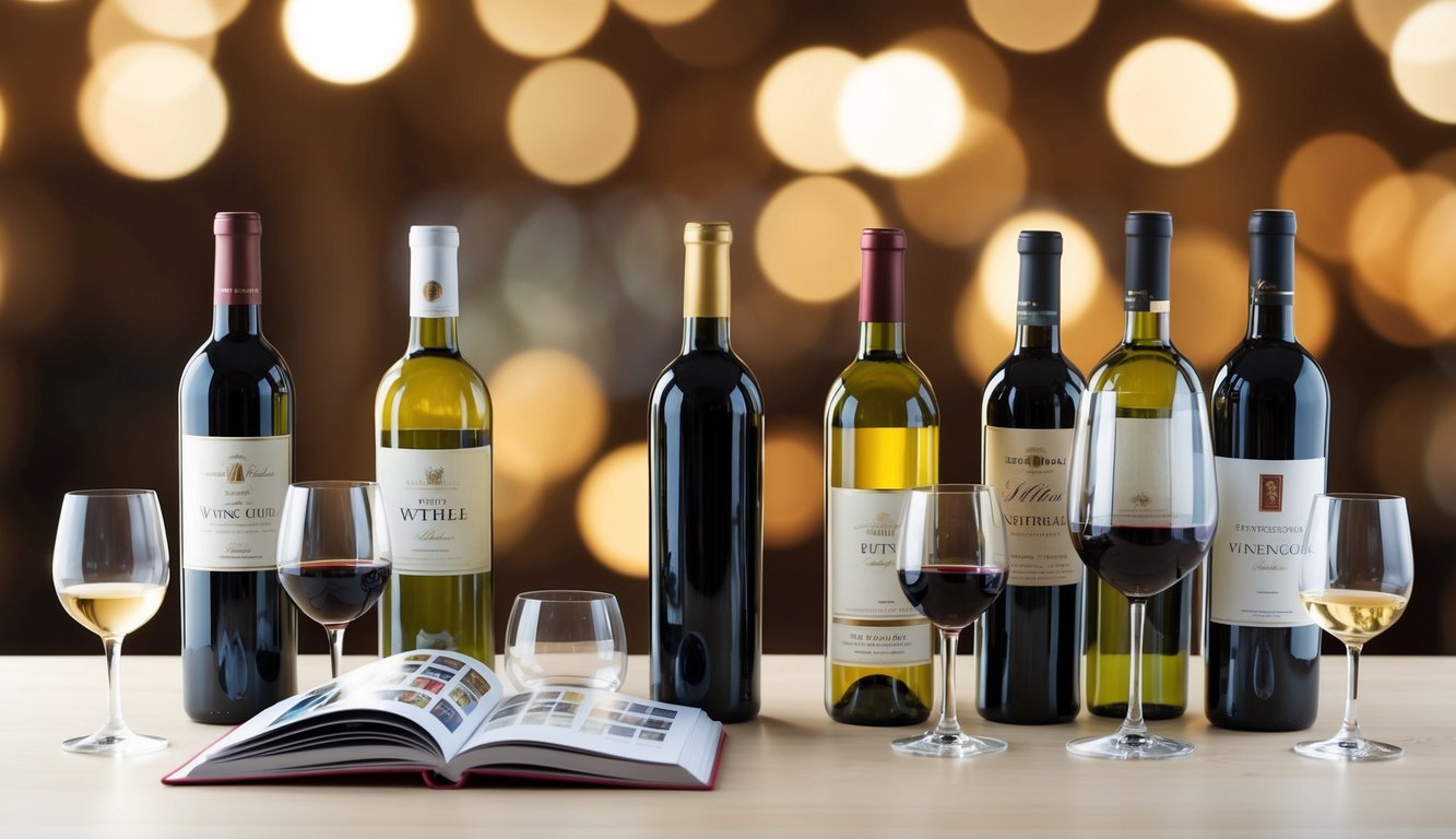 A table set with various wine bottles, glasses, and a simple wine guide book