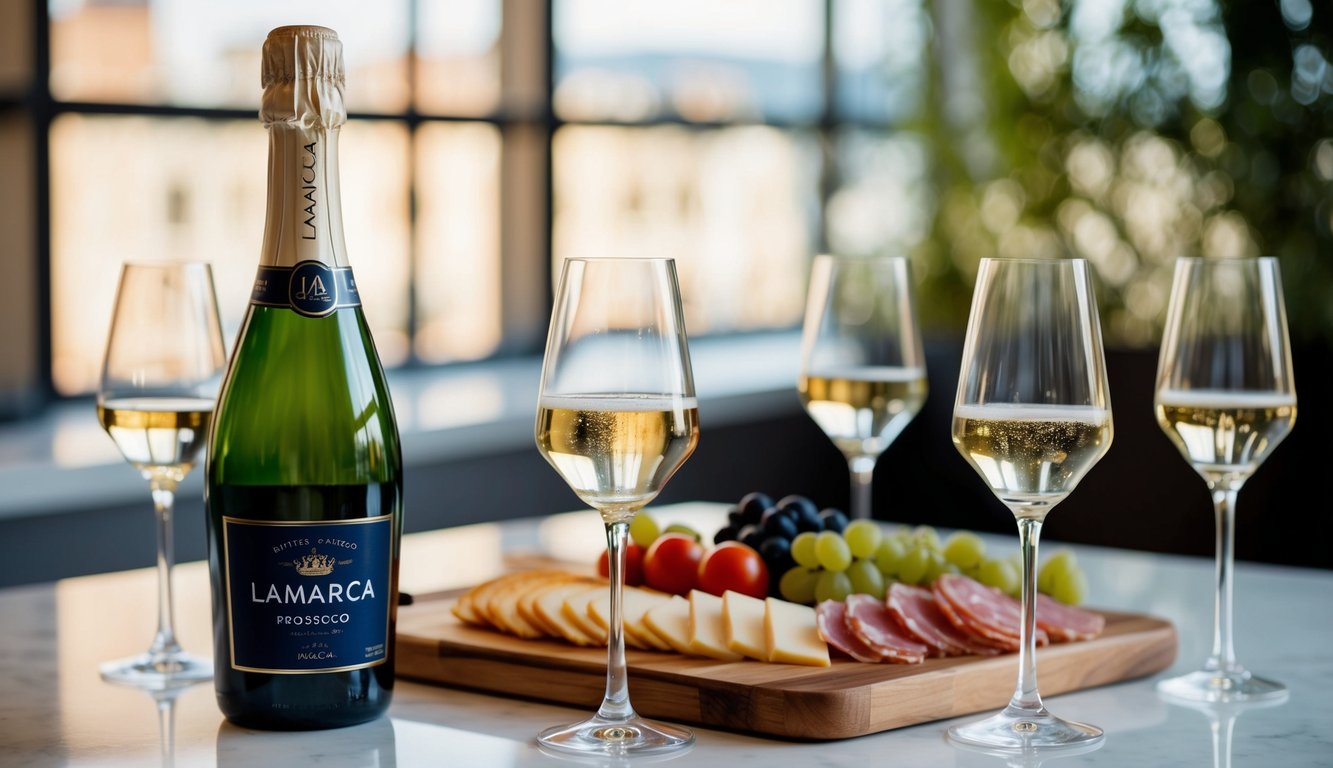 A bottle of LaMarca Prosecco surrounded by wine glasses and a charcuterie board