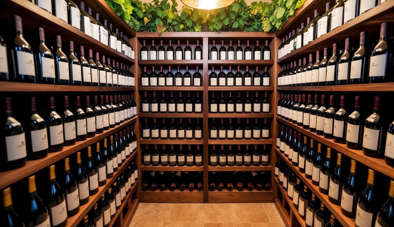 A cozy wine cellar with shelves of Bogle Vineyards Merlot bottles, surrounded by lush vineyards and a warm, inviting atmosphere