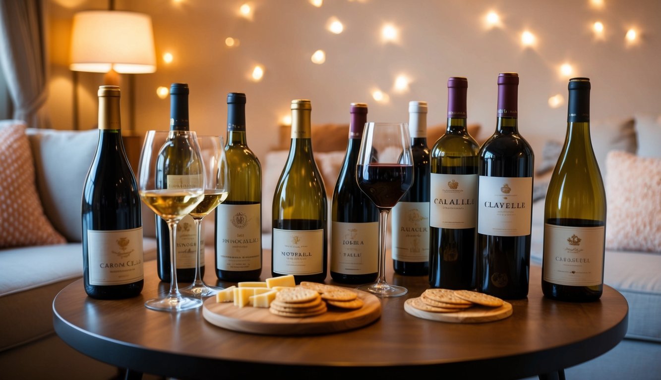 A cozy table set with a variety of wine bottles, paired with cheese and crackers. A warm, inviting atmosphere with soft lighting and comfortable seating