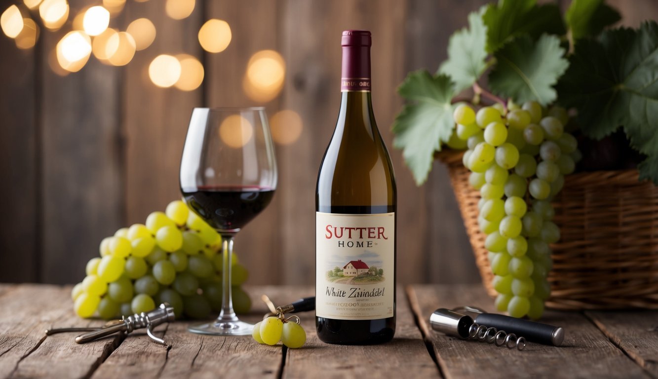 A bottle of Sutter Home White Zinfandel sits on a rustic wooden table, surrounded by a wine glass, grapes, and a corkscrew