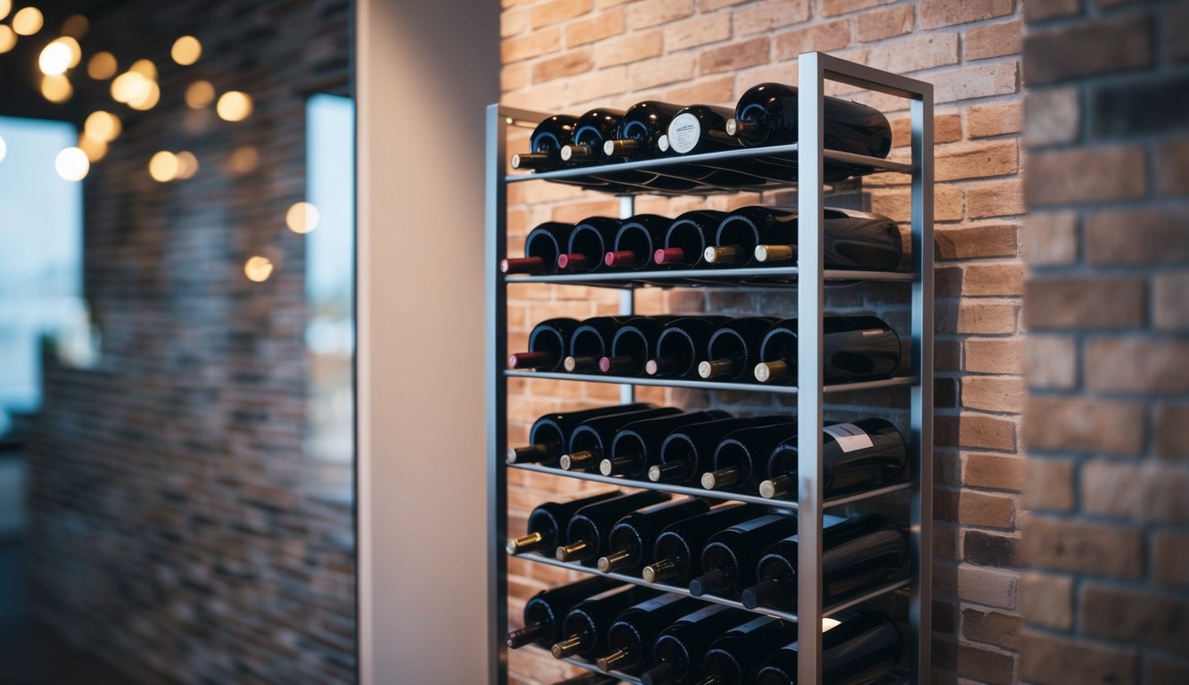 A sleek, modern wine rack stands against a brick wall, filled with bottles of various shapes and sizes. Soft lighting highlights the elegant design