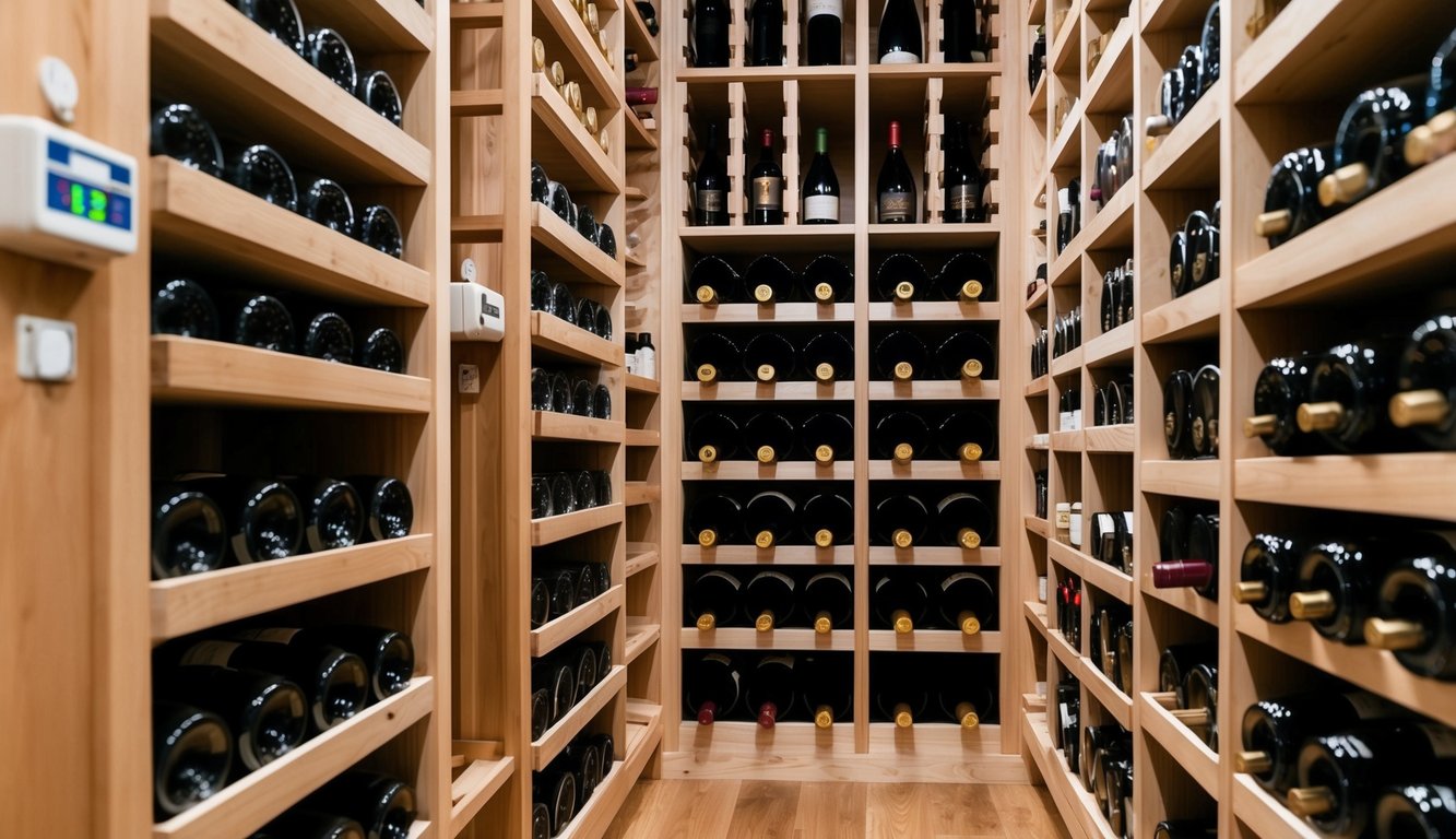 A wine cellar with rows of wooden wine racks holding various bottles of red wine. Temperature and humidity control devices are visible