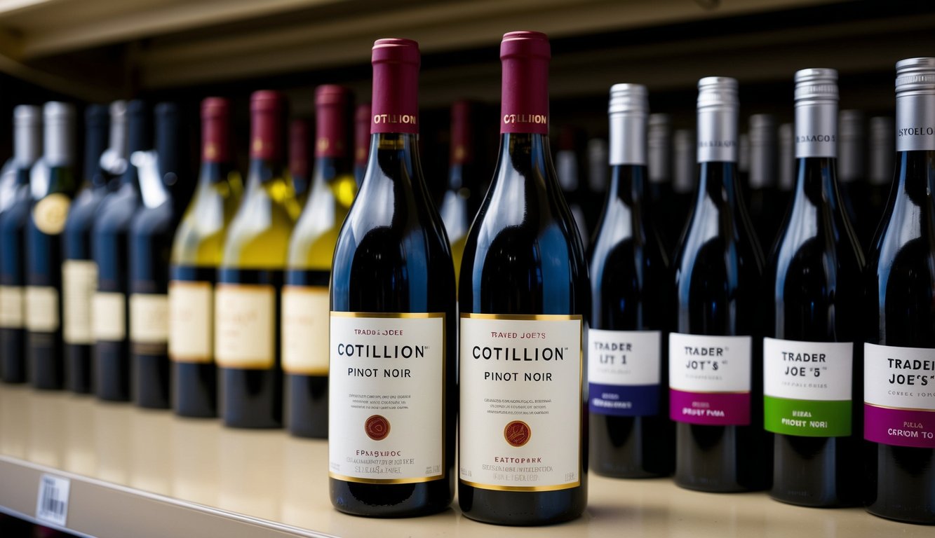 A bottle of Cotillion Pinot Noir displayed on a shelf among other affordable wines at Trader Joe's