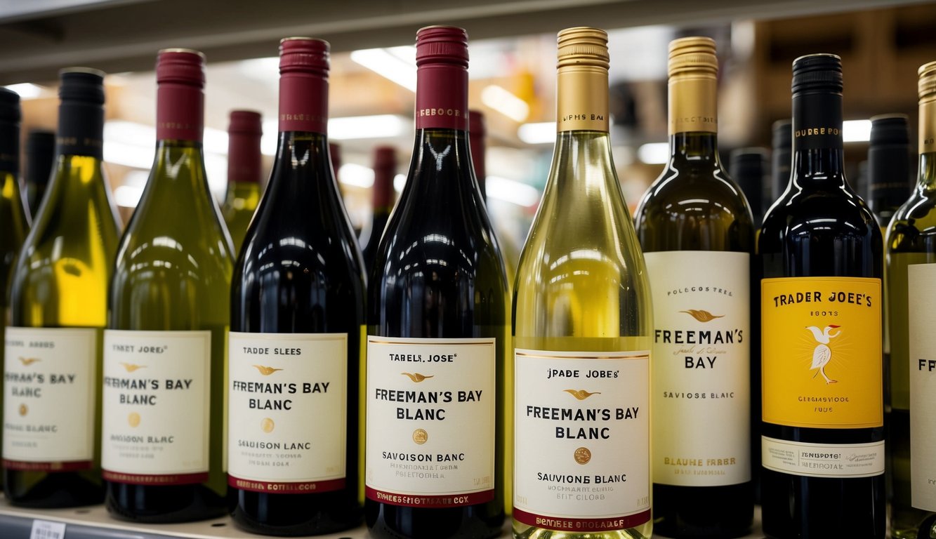 A bottle of Freeman's Bay Sauvignon Blanc sits on a shelf among other affordable wines at Trader Joe's