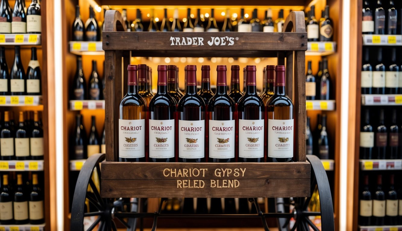 A rustic wooden cart displays bottles of Chariot Gypsy Red Blend at Trader Joe's, surrounded by warm, inviting lighting and shelves of other affordable wines