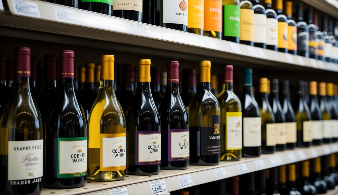 A shelf lined with colorful bottles of wine, priced affordably at Trader Joe's