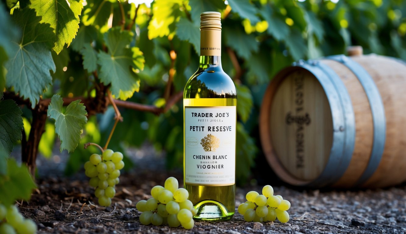 A bottle of Trader Joe's Petit Reserve Chenin Blanc Viognier surrounded by grapevines and a rustic wine barrel