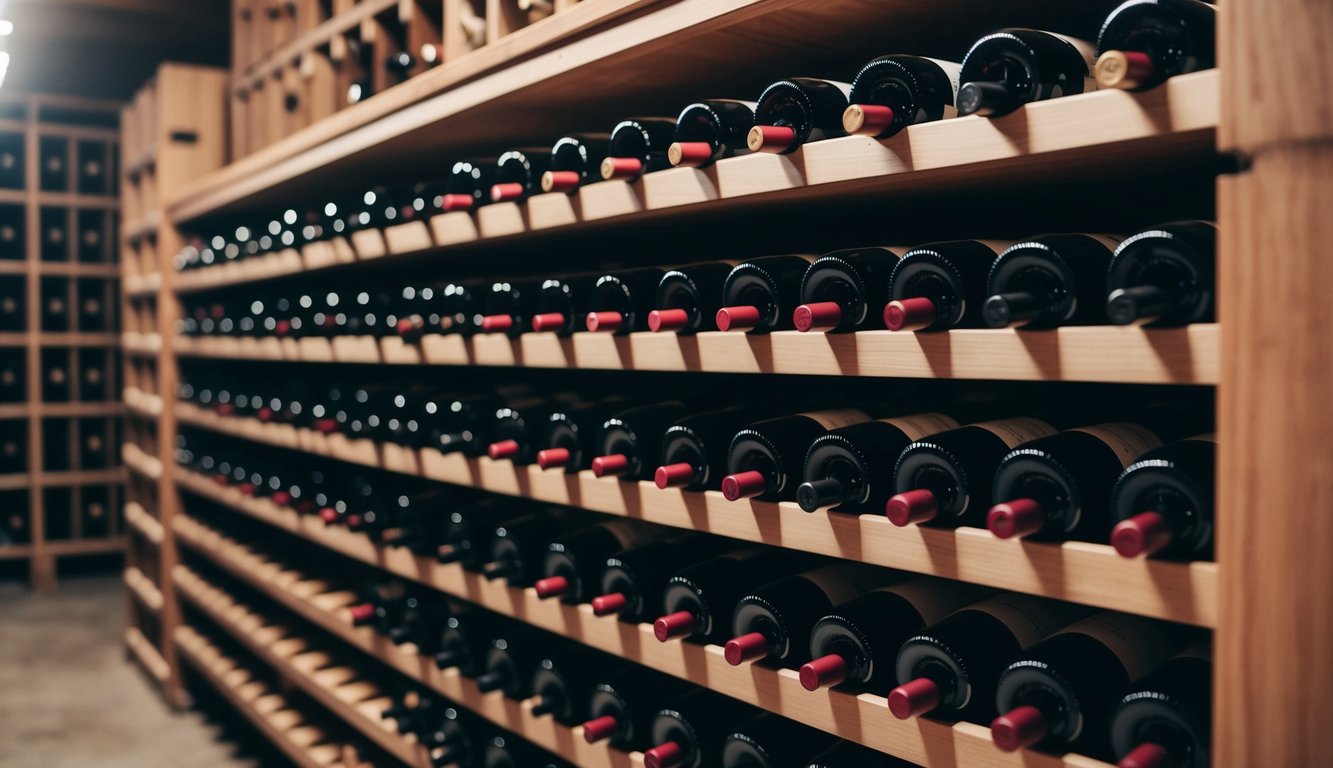 A wine rack with various compartments, holding bottles of red wine in a cool, dimly lit cellar