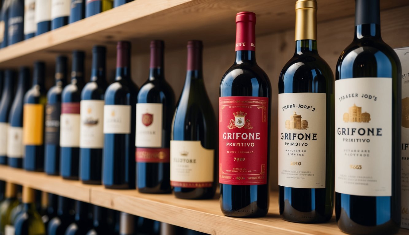 A rustic wine bottle with a red Grifone Primitivo label sits on a wooden shelf next to other affordable wines at Trader Joe's