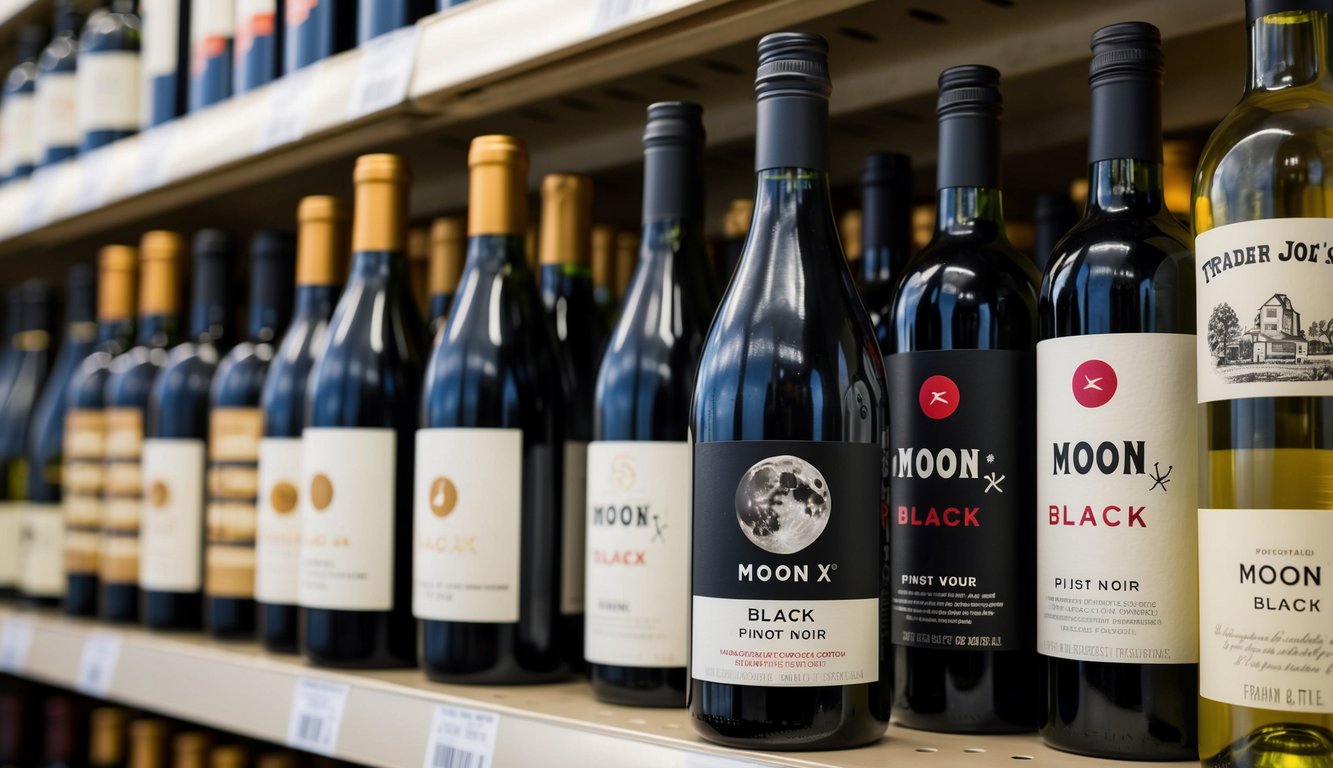 A bottle of Moon X Black Pinot Noir sits on a shelf among other affordable wines at Trader Joe's