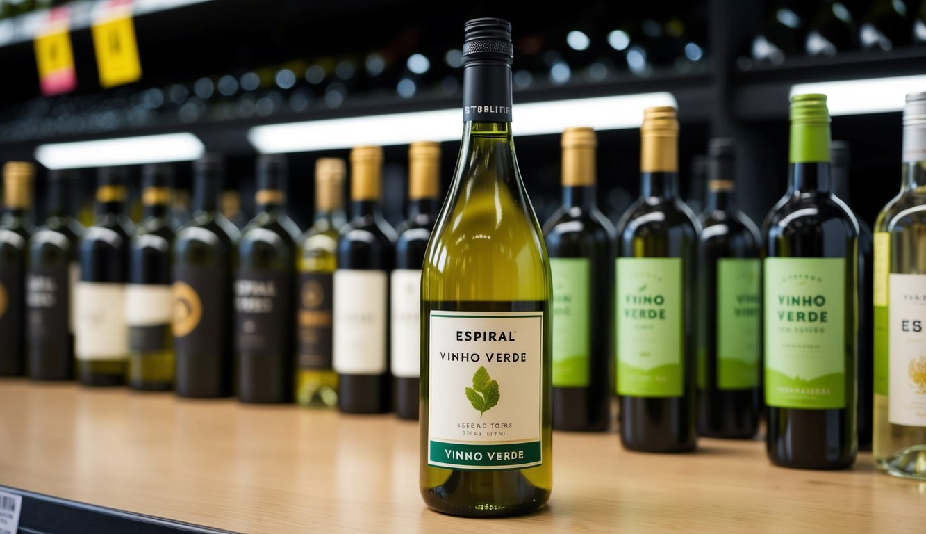 A bottle of Espiral Vinho Verde wine sits on a wooden shelf at Trader Joe's, surrounded by other affordable wine options