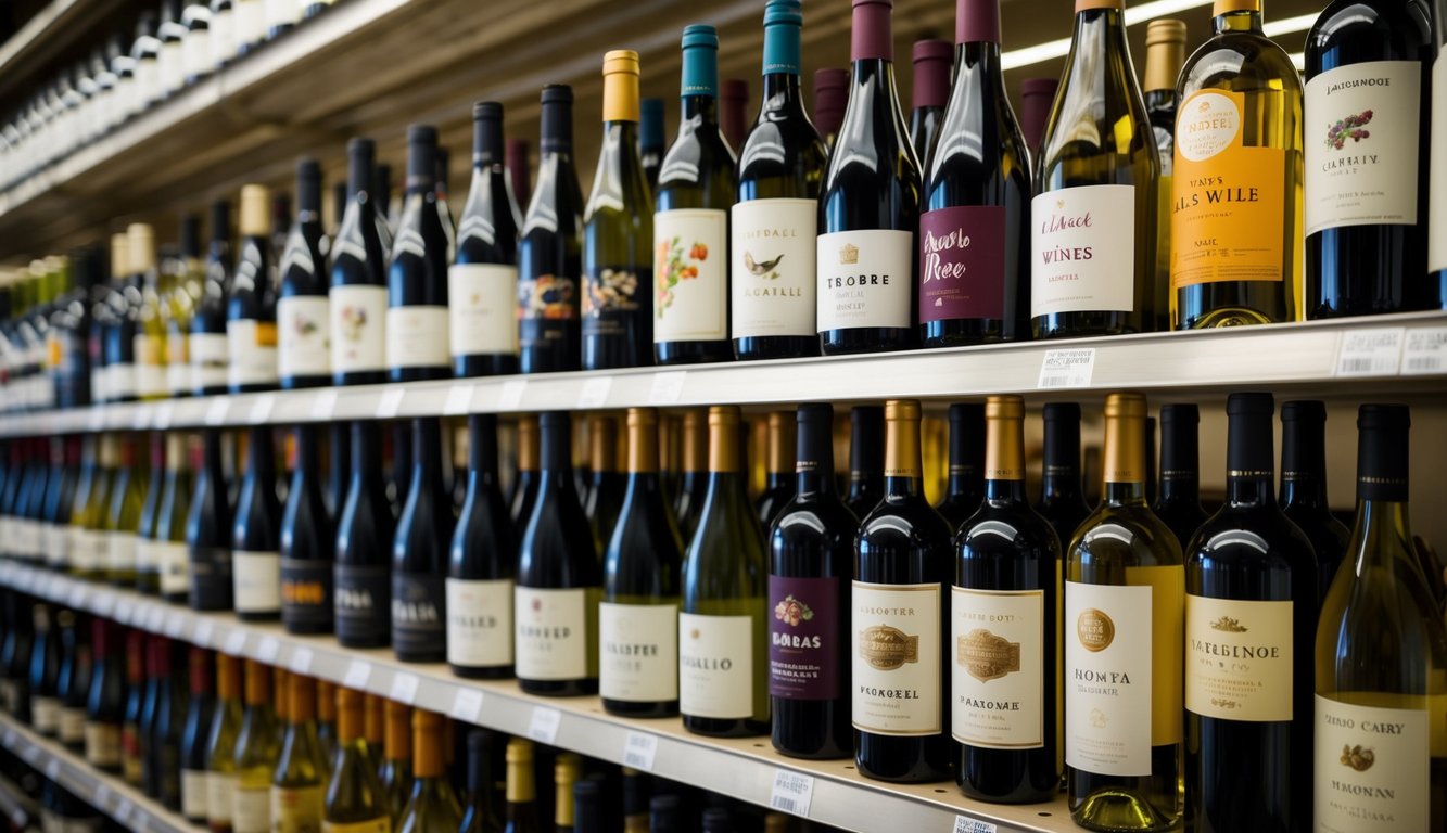 A shelf of affordable wines at Trader Joe's, with various wine labels and varietals displayed