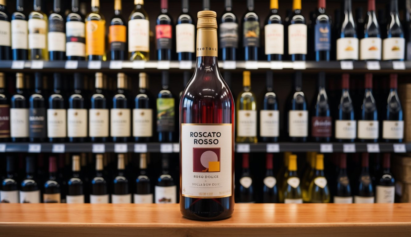 A bottle of Roscato Rosso Dolce sits on a wooden shelf in a Trader Joe's wine section, surrounded by other affordable wines