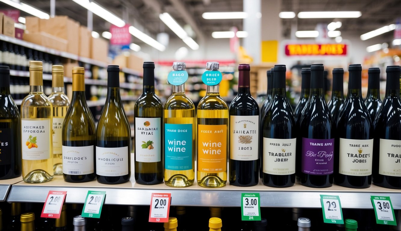 A colorful display of various affordable wine bottles at Trader Joe's, with price tags and a welcoming atmosphere