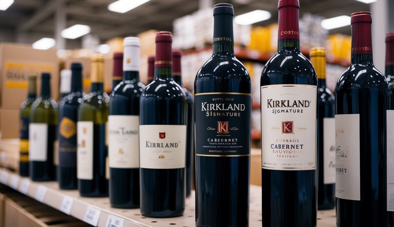 A bottle of Kirkland Signature Cabernet Sauvignon sits on a shelf next to other affordable wines at Costco