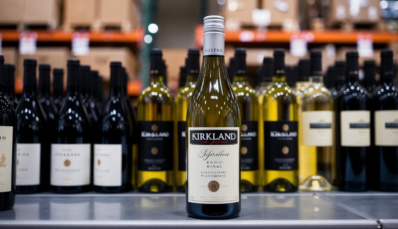 A bottle of Kirkland Signature Sauvignon Blanc displayed on a shelf next to other affordable wines at a Costco store