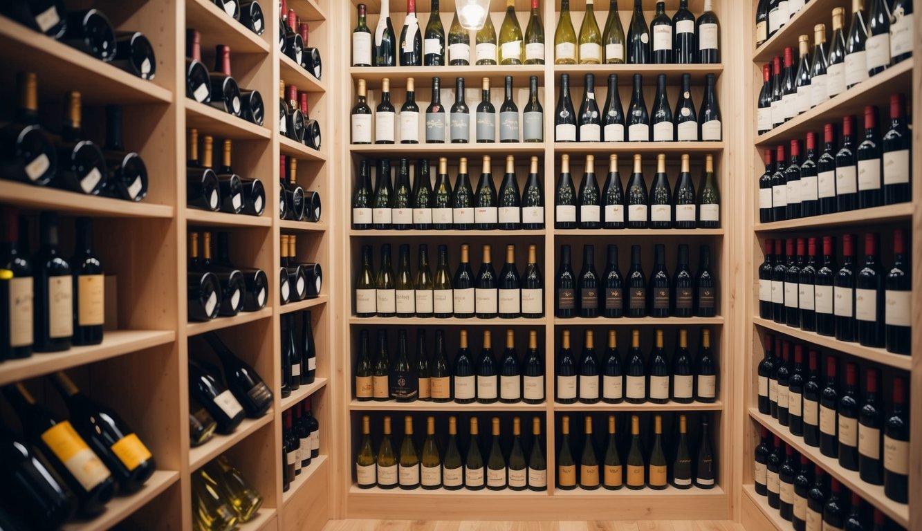 A wine cellar with neatly stacked bottles, organized by type and vintage, with labels facing outward for easy identification