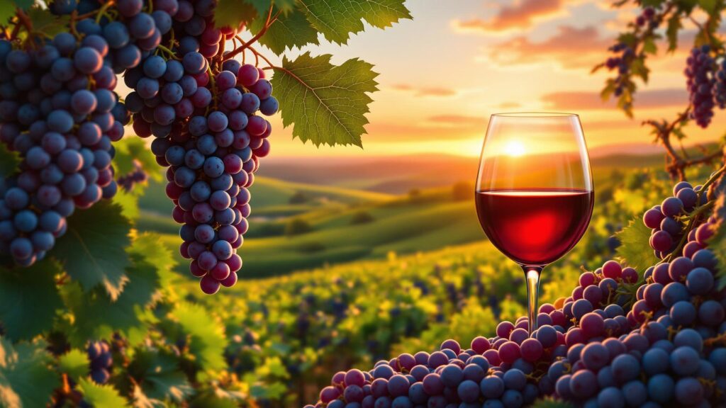 Vibrant vineyard with grapes and a glass of red wine.