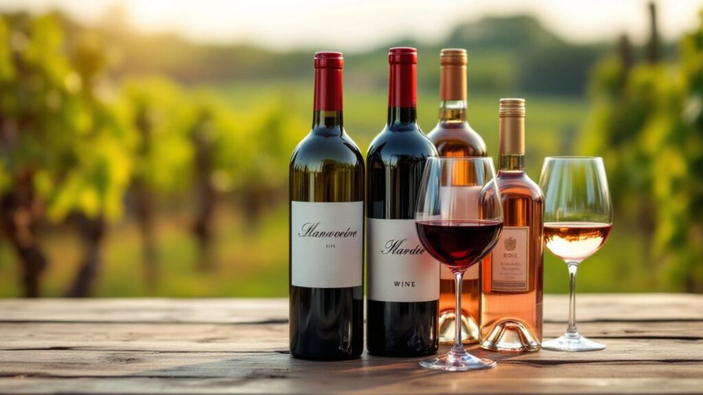 Variety of wine bottles on a rustic wooden table.