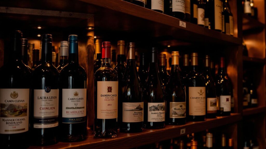 Collection of fine wine bottles in a cellar.