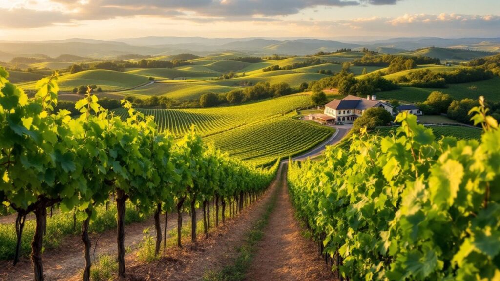 Vineyard landscape with grape vines and sunset glow.