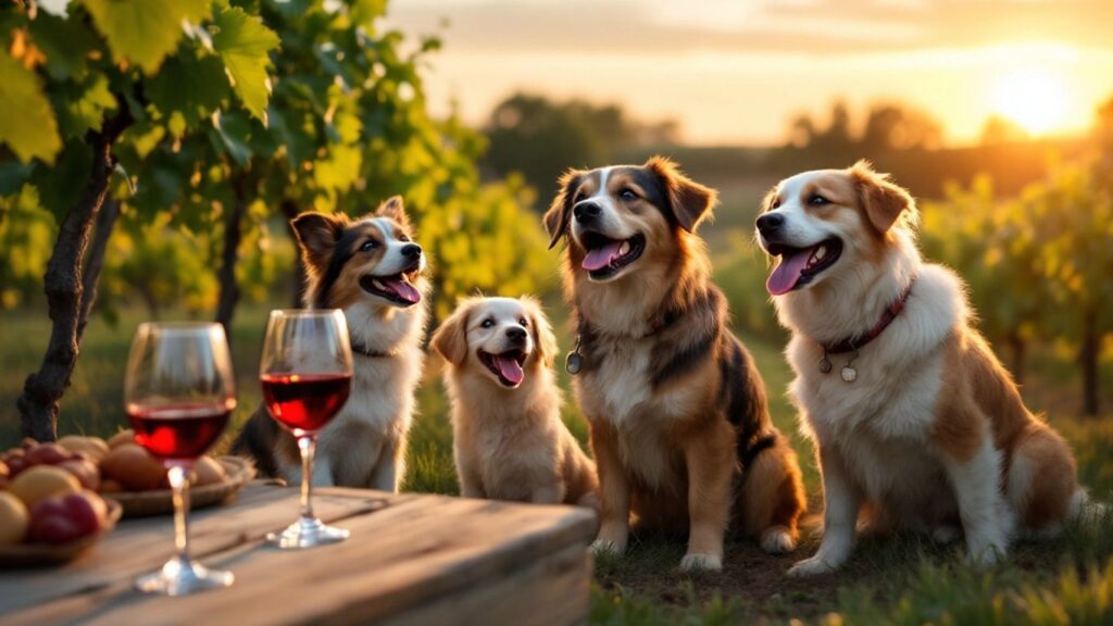 Rescue dogs playing in a vineyard with wine glasses.