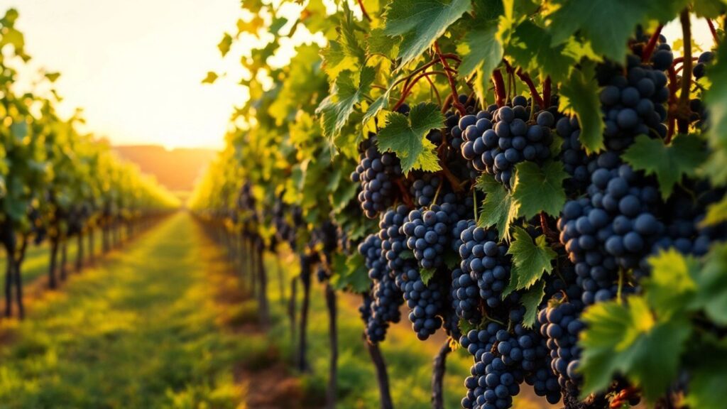 Vineyard at sunset with ripe grapes and lush leaves.