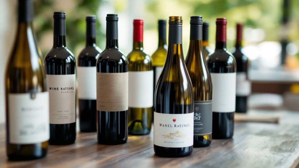 Colorful wine bottles on a wooden table.