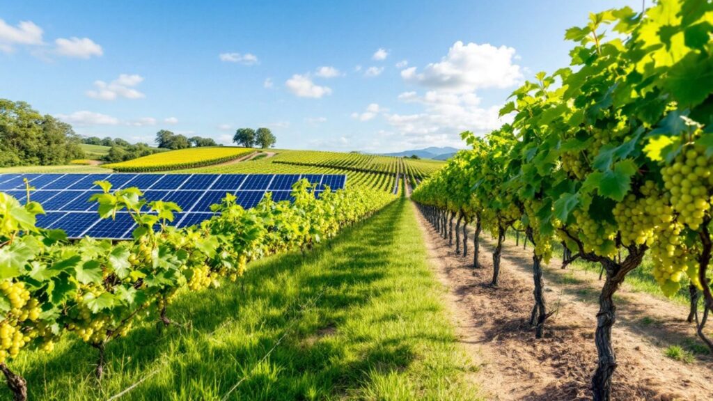 Vineyard with green grapes and solar panels in sunlight.