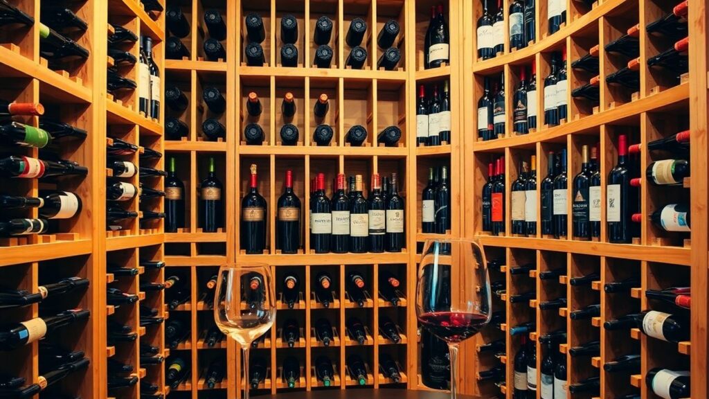 Wine cellar filled with bottles and glasses.