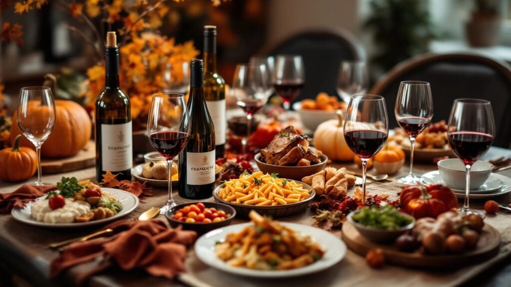 Thanksgiving table with wine and gourmet dishes.