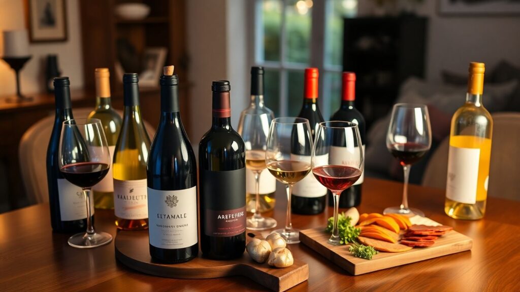 Wine bottles and glasses on a tasting table.