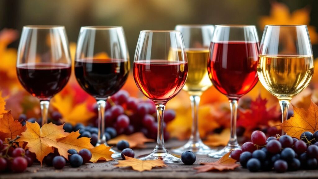 Wine glasses and grapes amidst autumn scenery.