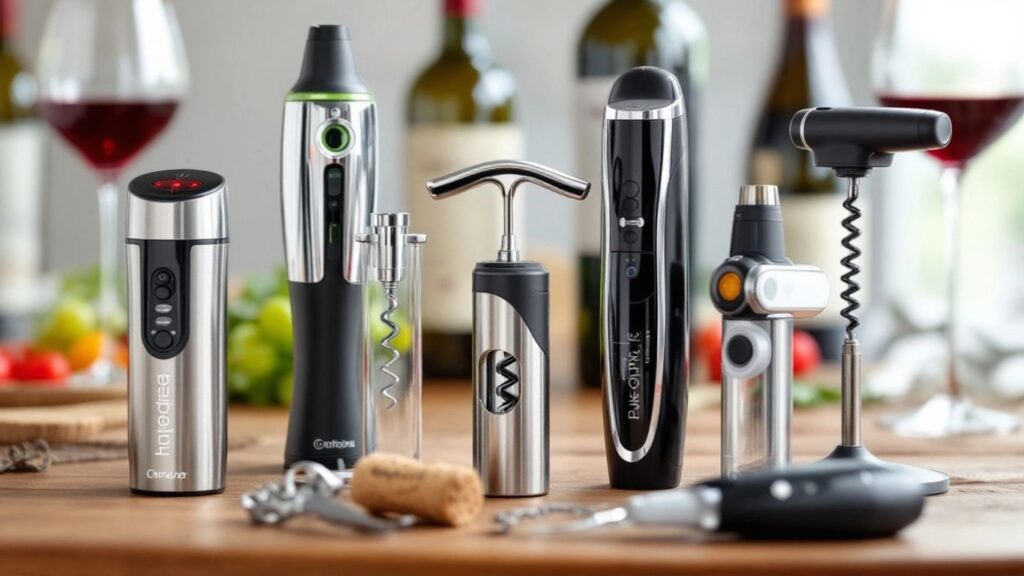 Assorted wine opening gadgets on a wooden table.