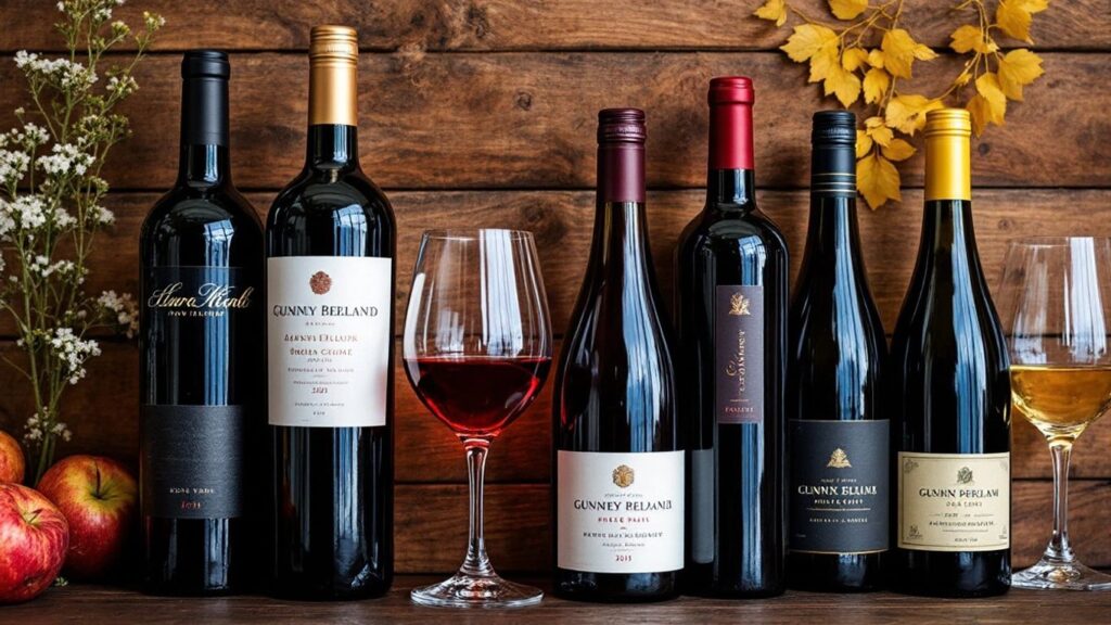 Selection of wine bottles and glasses on a table.