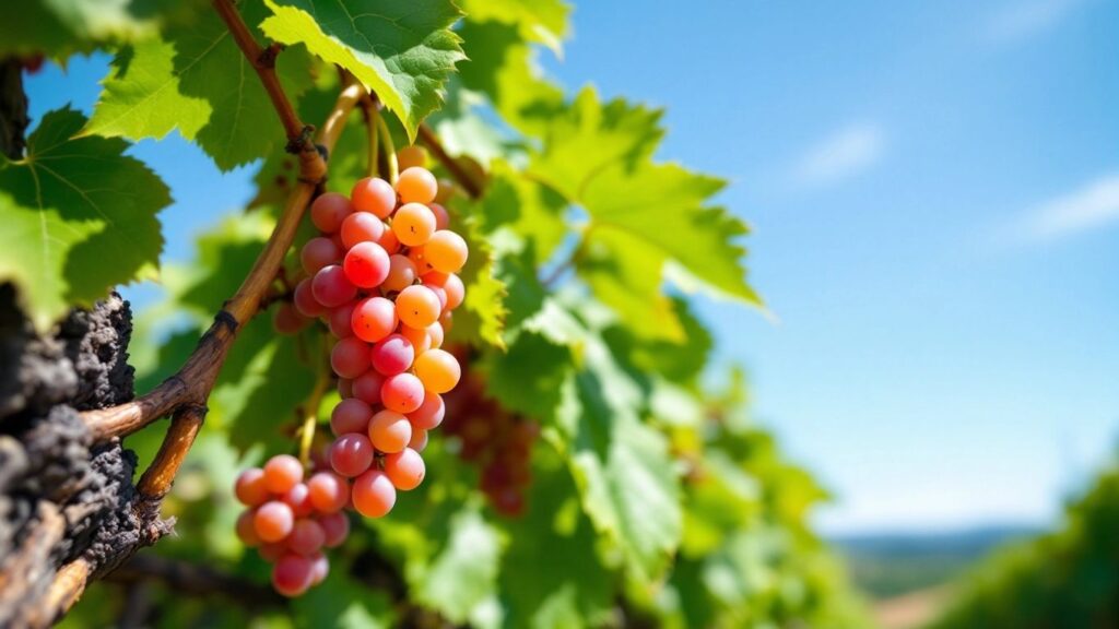 Ripe grapes on vines in a sunny vineyard.