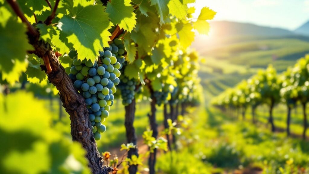 Vineyard with ancient vines and modern wine bottles.