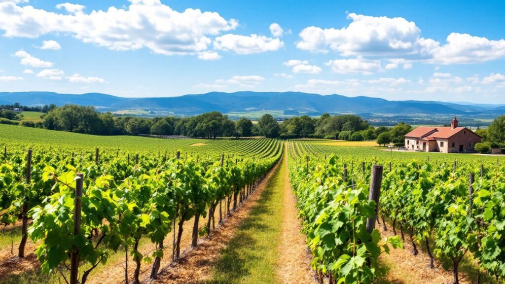 Lush vineyard with grapevines and rustic winery in view.