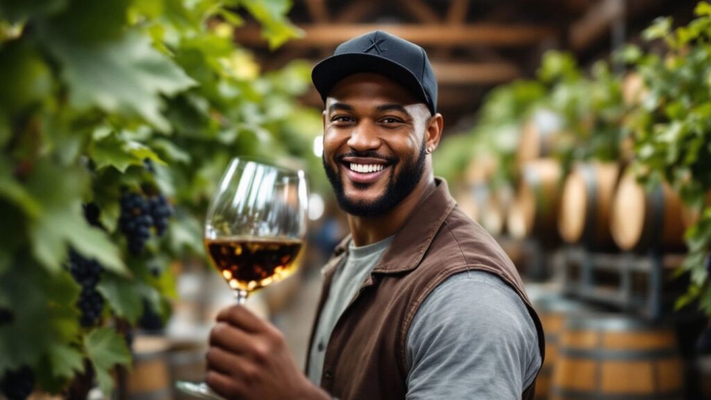 Carmelo Anthony enjoying wine in a vineyard setting.