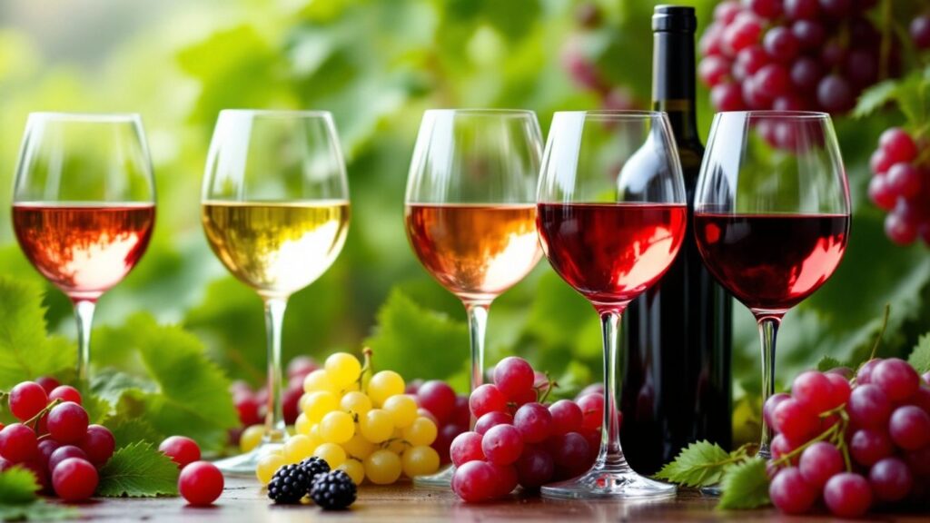 Colorful wines in glasses with vineyard backdrop.